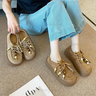 Chaussures Décontractées à Semelle Épaisse pour Femmes, Vêtements d'Extérieur, Demi-Pantoufles pour Pieds Larges, Couvrant les Orteils Rétro, Chaussures Confortables à Lacets pour Femmes