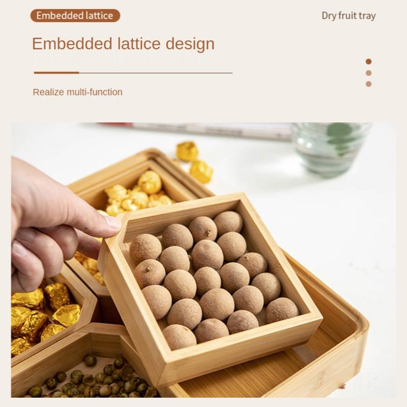 Bamboo Divided Serving Tray with Clear Acrylic Lid Dried Fruit Storage Box 4 Grid Nuts Platter Snack Candy Plate Container