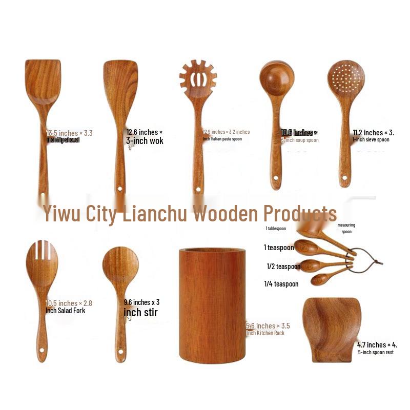 Teak Non-Stick Long-Handle Solid Wood Pan and Acacia Wood Kitchenware Set