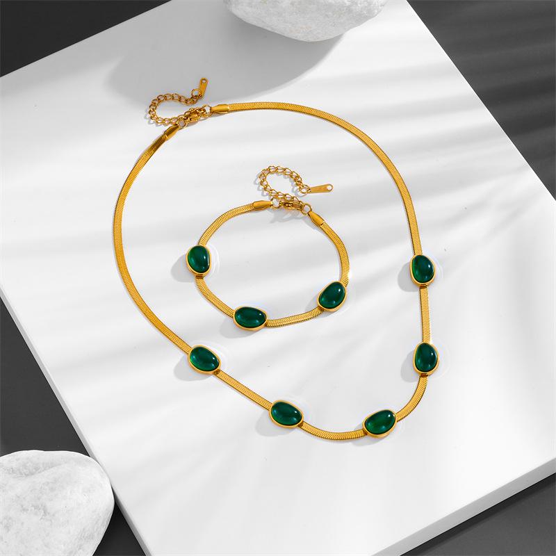 Elegant Colorfast Titanium Steel Jewelry Set: Five Emerald Flat Snake Chain with Earrings, Bracelet, and Necklace