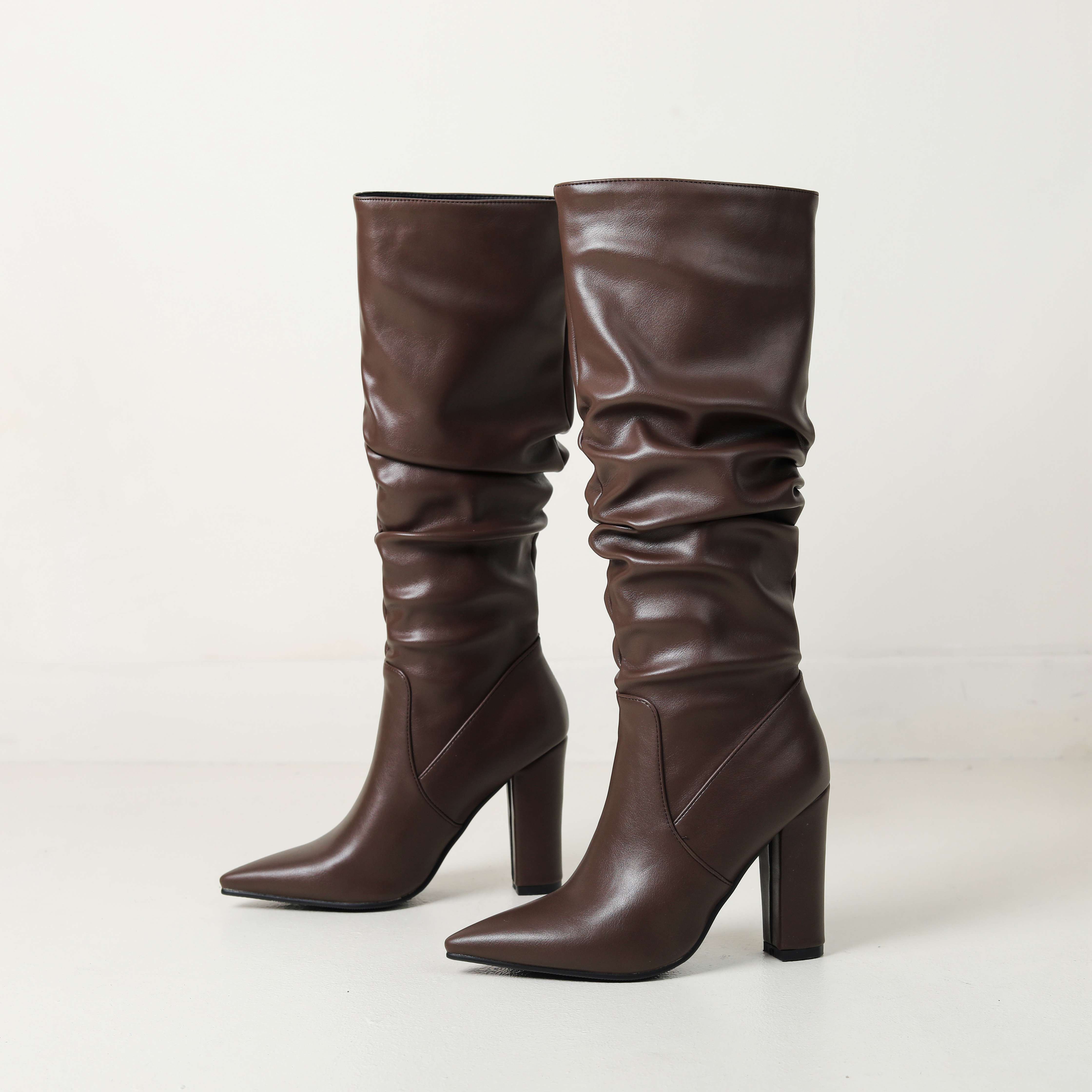 

lenkisen ПУ осенне-зимние туфли с острым носком на очень толстом высоком каблуке сапоги для верховой езды плиссированные теплые модные высокие сапоги 43 коричневый