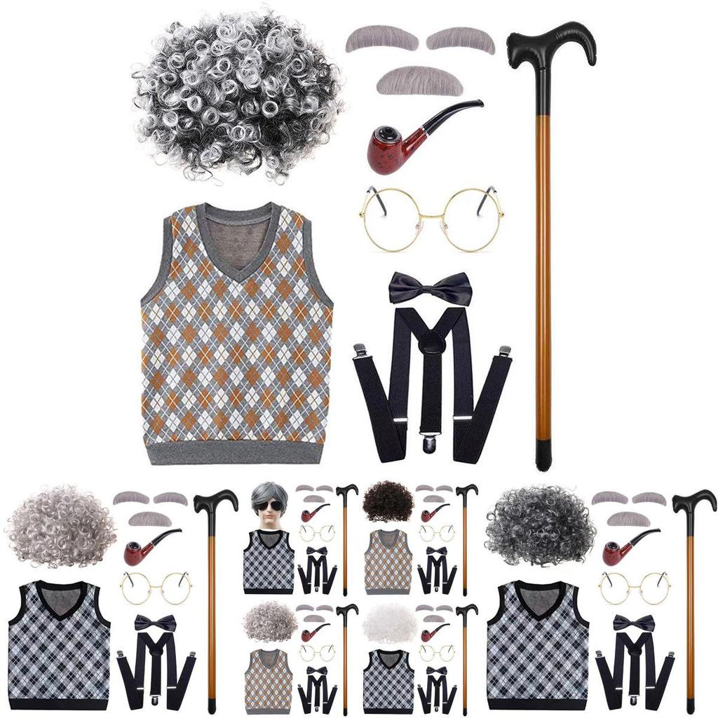 Classic Grandfather Costume Wig Set Featuring Short Soft Curly Hair And Stylish Vest For Kids