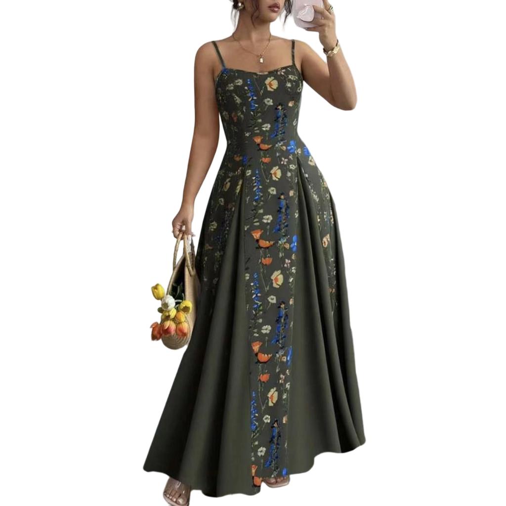 Women's Sleeveless Spaghetti Strap Floral Print Maxi Dress Fitted Waist Casual Summer Long Dress for Daily Wear
