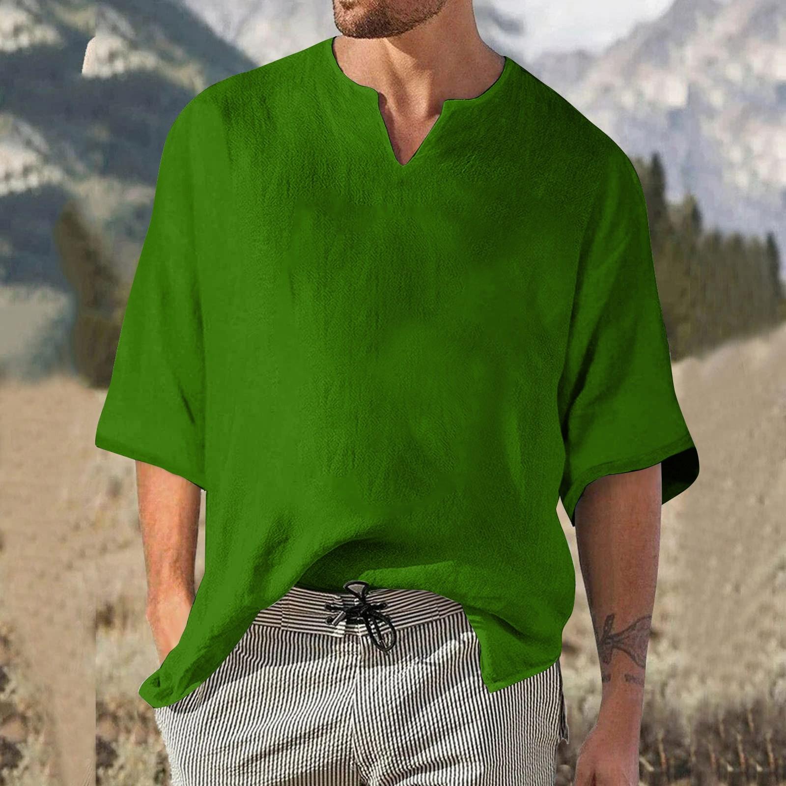 Мужской однотонный плиссированный топ с рукавом четверть мужской топ с v-образным вырезом в стиле ретро L армия зеленый 1566₽