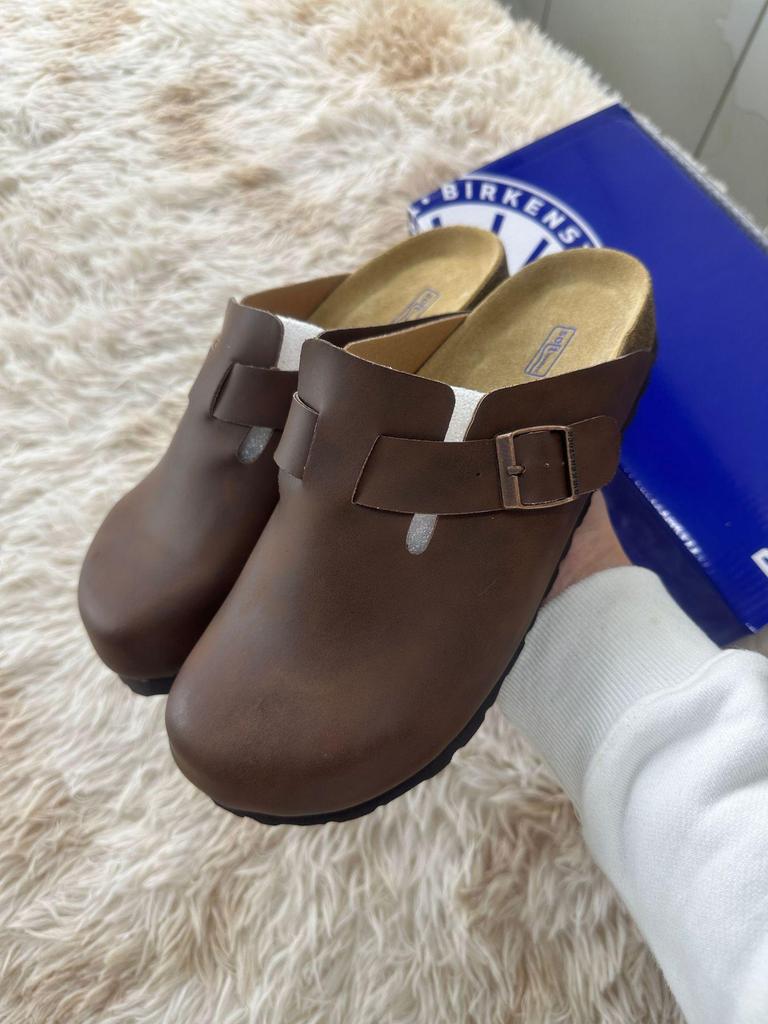Unisex Genuine Leather Birkenstock Closed-Toe Clogs with Vintage Cork Platform