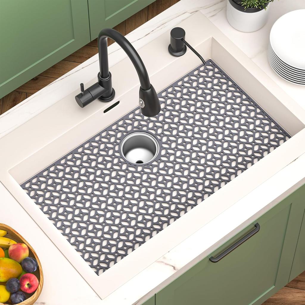 JUSTOGO Sink Protector for Kitchen, 29.5" X 15.6" Silicone Mat Grid for Stainless Steel Sink with Rear Drain, Heat Resistant Drying Mat