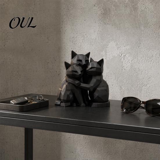 Artistic Cat Sculpture 3D Printed Black Figurine, Three Hugging Geometric Statue, Modern Animal Shape for Home Office Bookshelf Figurine