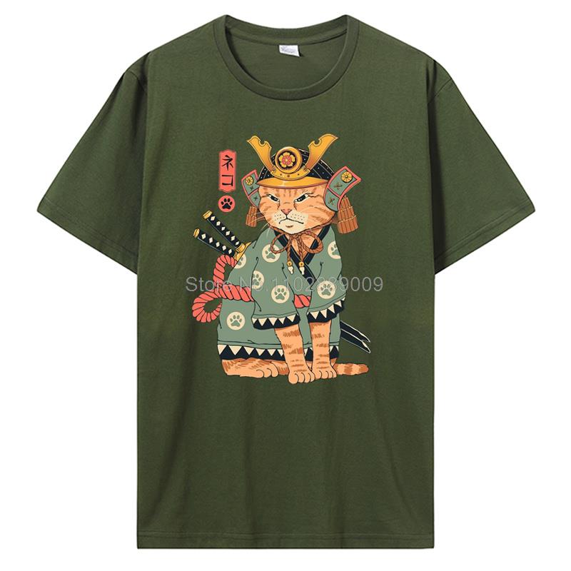 Summer New Men Japanese Samurai Cat Graphic T Shirt Fashion Casual Personality Cool T-shirt Print Cotton Tees Tops