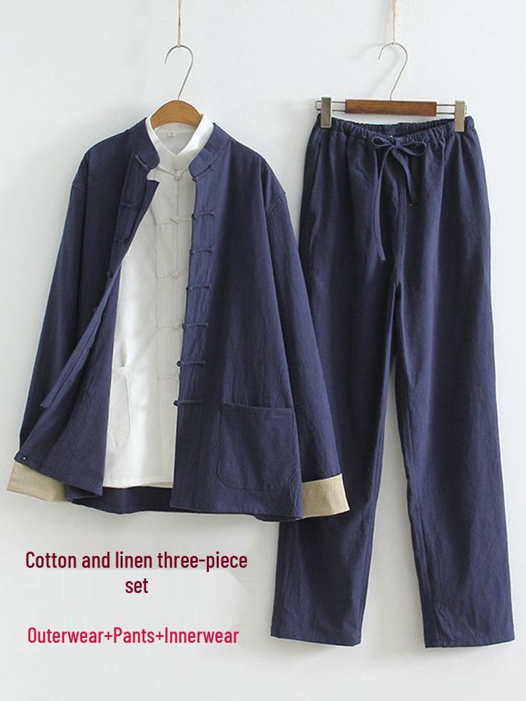 Herren Chinesischer Tang-Anzug: Frühlings-/Herbst-Baumwoll-Leinen-Set mit Froschknöpfen - Retro Mönch Teezeremonie Hanfu Robe.