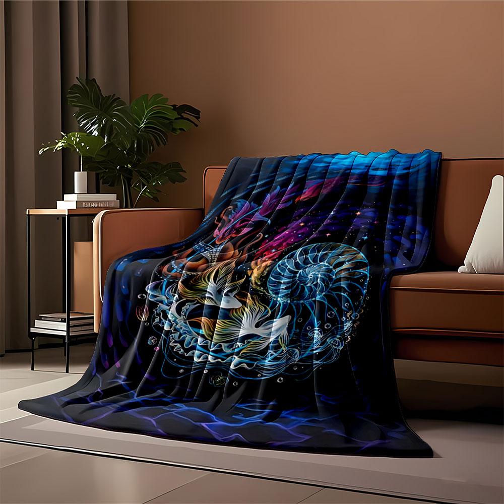 Swirling Aquatic Scene with Nautilus Shell, Fish, and Vibrant Colors. for All Seasons Blanket Lunch Break Throw Gift