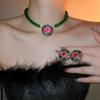 Pink And Green Round Stud Earrings Retro Fashion Pendant Green Crystal Necklace  Wedding Party