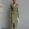 Women's V-Neck Knit Dress with Metal Buttons and Waist Belt, Side Slit, Casual Elegant Long Sleeve Sweater Dress