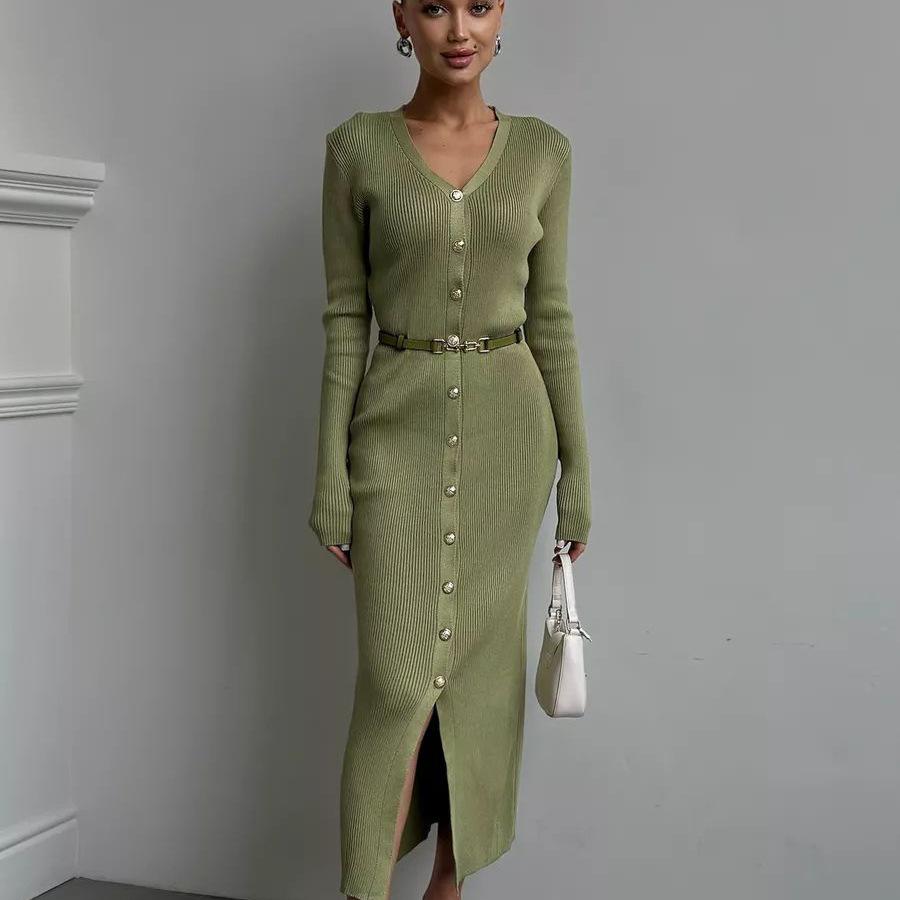 Women's V-Neck Knit Dress with Metal Buttons and Waist Belt, Side Slit, Casual Elegant Long Sleeve Sweater Dress