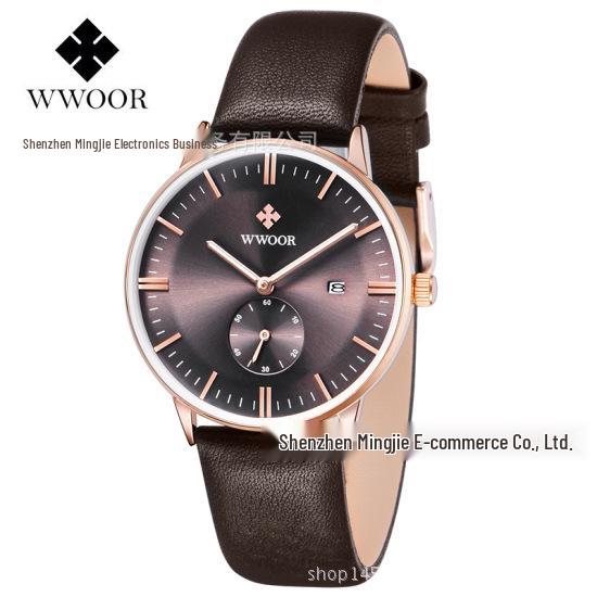 WWOOR 8808 Men s Quartz Watch - Waterproof, Leather Strap, Calendar Feature, Business Style коричневого ремешка/корпуса золотой