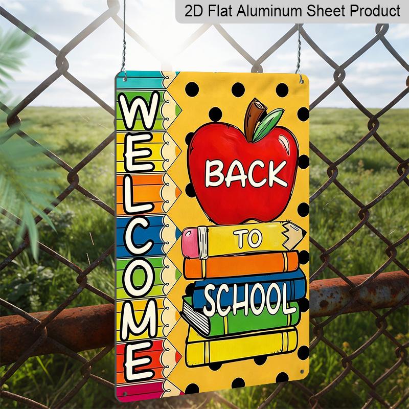 2D Flat, 1pc "Welcome Back To School" Metal Wall Art Sign with Apple & Colorful Pencils - 8*12 Inch Aluminium Classroom Decor, Polka Dot & Rainbow