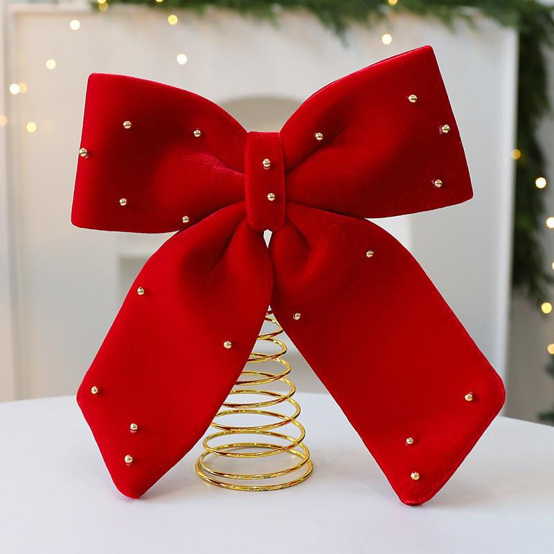 Flannel Red Bow Tree Topper With Embellished Star For Christmas Celebration