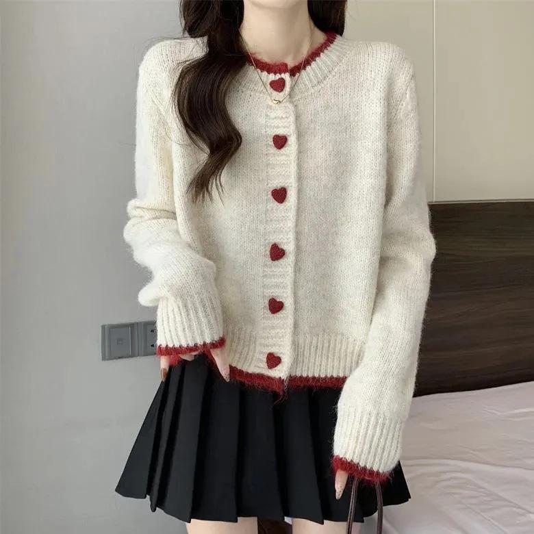 2026 Autumn/Winter Korean Style Heart Button Knit Cardigan - Women's Soft, Fluffy, Color Block, Short Round Neck Sweater Coat