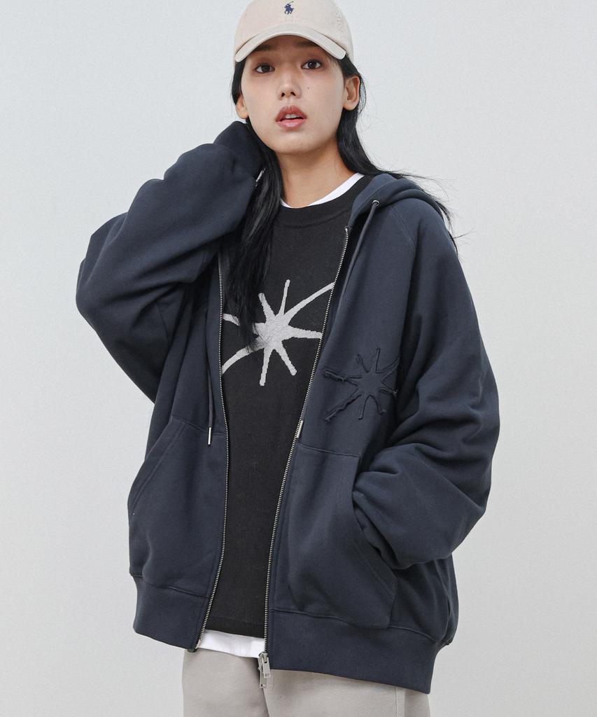 Moderment Applique Washed Oversized Zip-Up Hoodie [Charcoal]