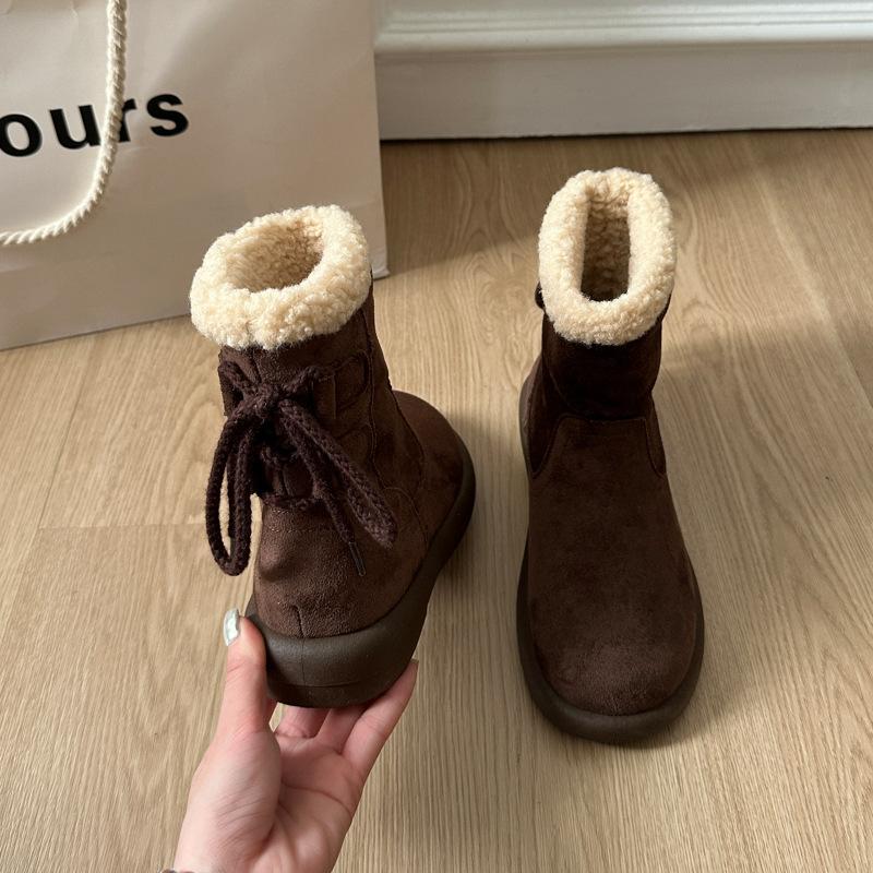 Retro Imitation Leather Lamb Wool Snow Boots Women's 2025 Winter New Piled Thickened Non-slip Wool Cotton Short Boots Snow Boots