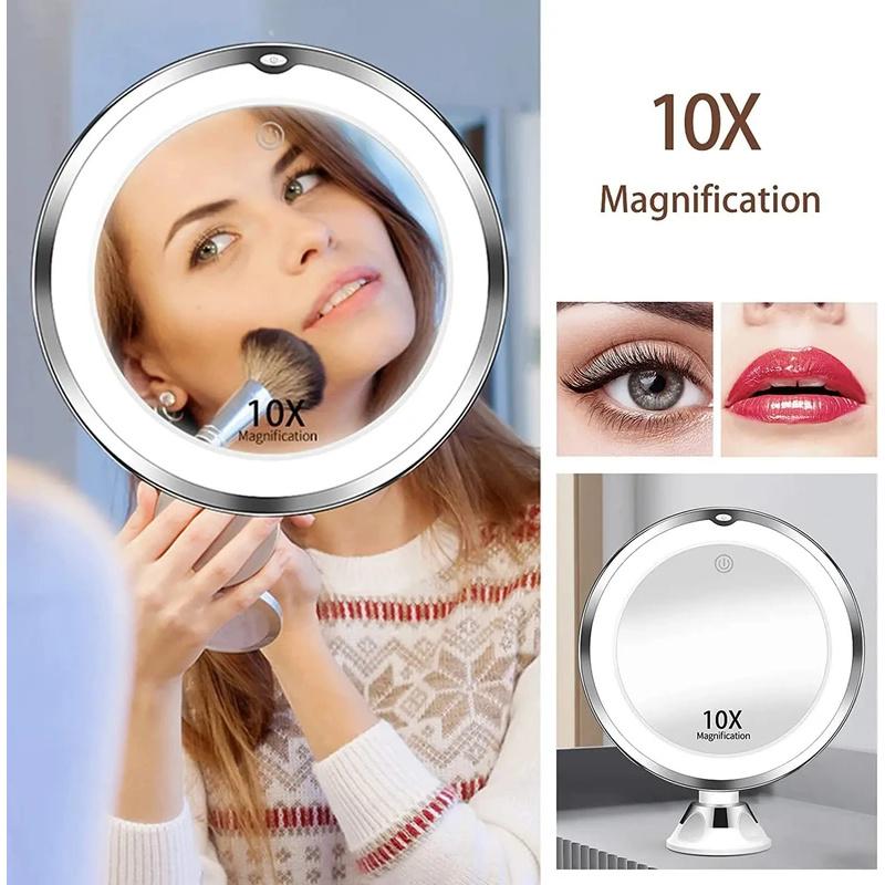 Miroir de courtoisie grossissant 10x avec lumières Écran tactile Éclairage LED Lampe de coiffage et de maquillage Ventouse inférieure Conception flexible et portable