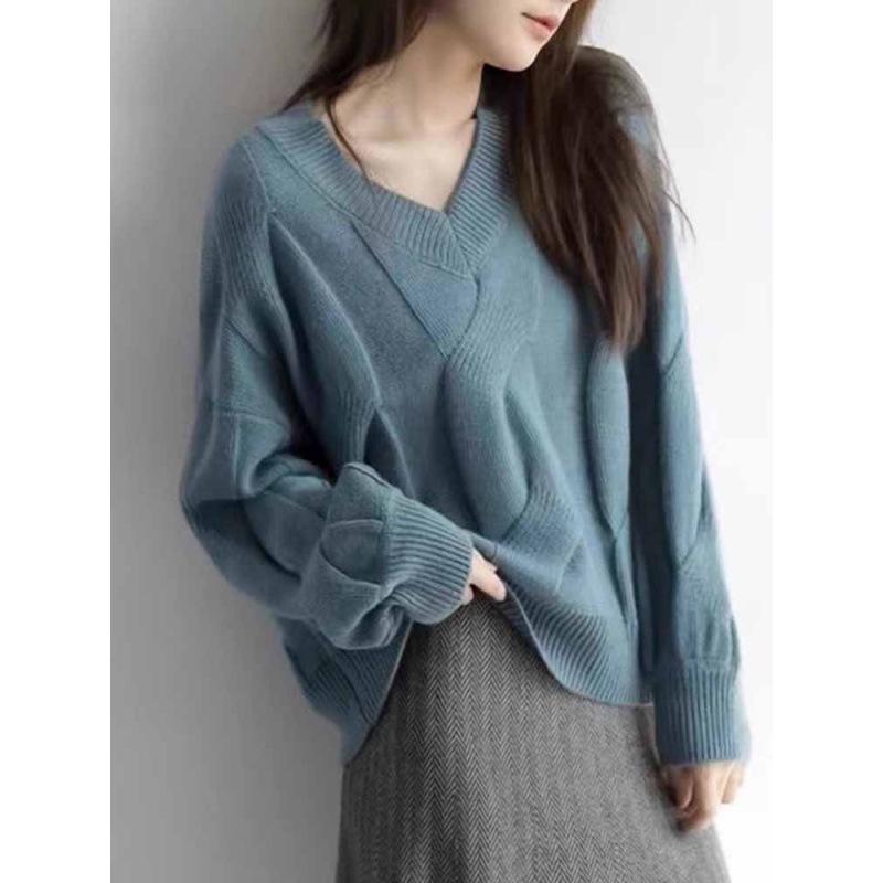 Elegant European V-neck Cable Knit Pullover Sweater for Women - Autumn/Winter Design