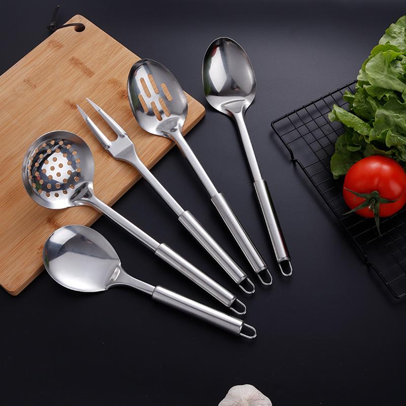 Stainless Steel Kitchenware Set: Spatula, Soup Ladle, Anti-Scald Stir-Fry Spatula, Frying Spatula, Large Slotted Spoon with Round Tube Handle.