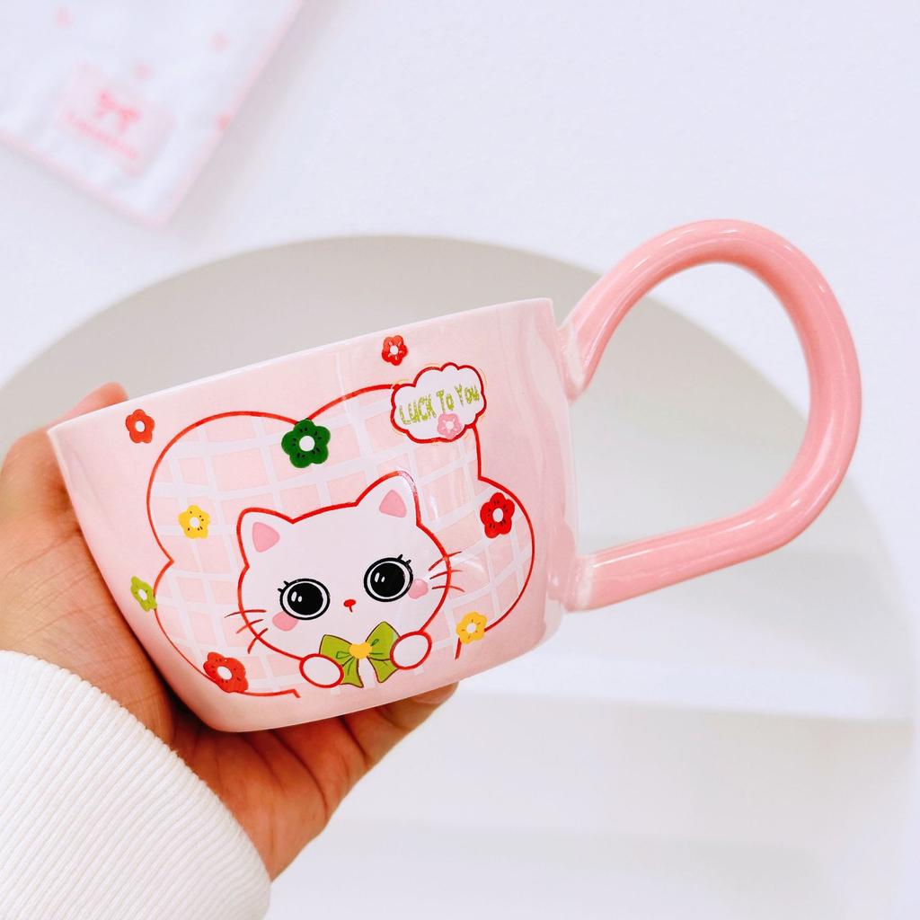 Kitten with Spoon Cute Cartoon High Value Large Capacity Souvenir Mug Girl Couple Ceramic Cup Set