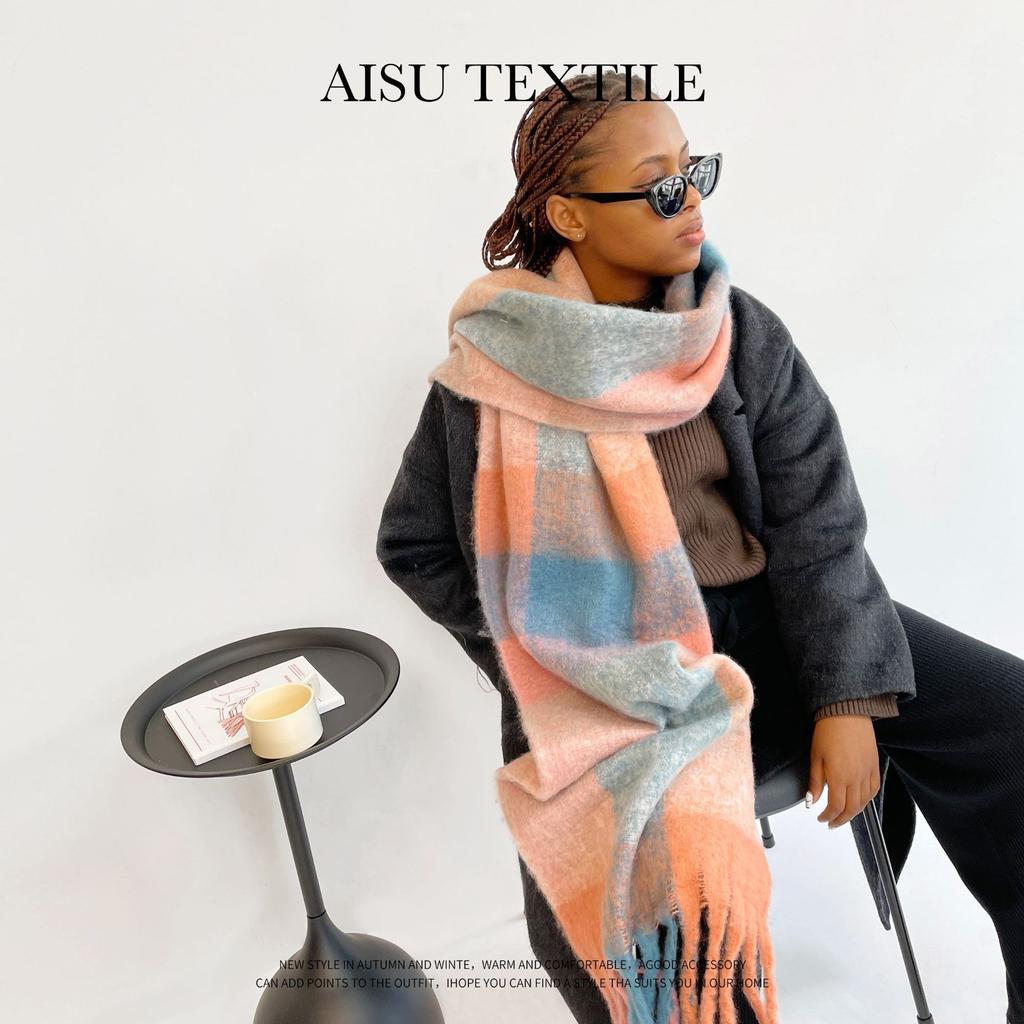 Color Plaid Scarf Women's Winter Warm Scarf Mohair Thickened Long Scarf Hot Shawl
