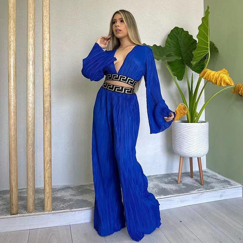 

Fashion Short V-neck Bell Sleeve Tops Loose Pants Suit V-Neck Top Wide Leg Pants Set Blue M