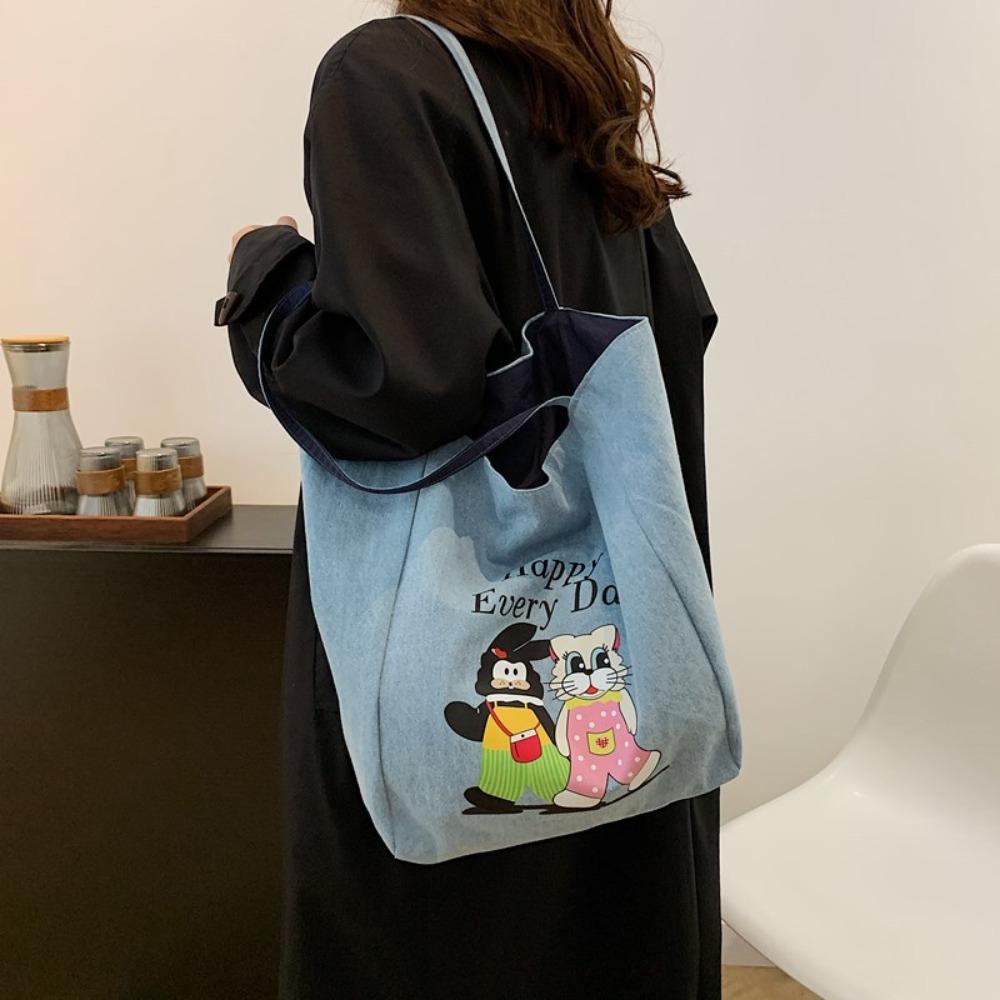 Cartoon Animal Denim Blue Handbag Large Capacity Women Canvas Bag Cute Double-sided Tote Bag  Daily