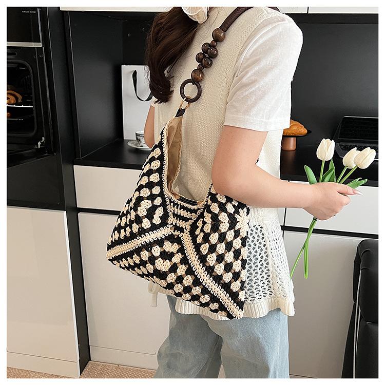 Stricktasche mit großer Kapazität Damen Sommer Neue Holzperlen Gewebte Umhängetasche Wolle Häkel-Einkaufstasche