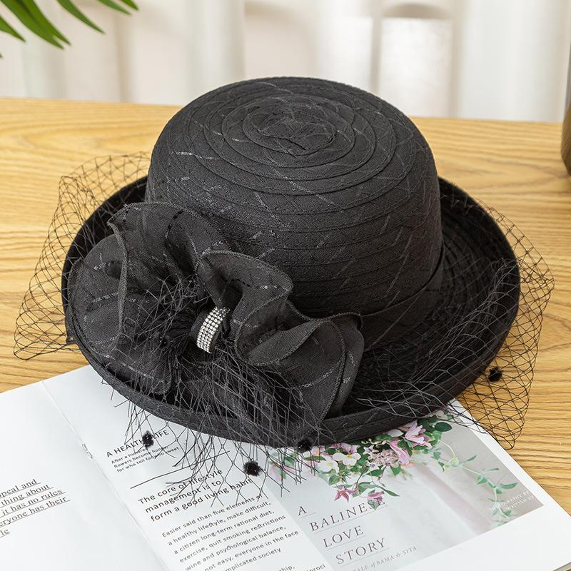 Curled Mesh Top Hat Summer Women's Fashion Hat Flower Veil Shade Basin Hat Sunscreen Sun Hat Large Brim