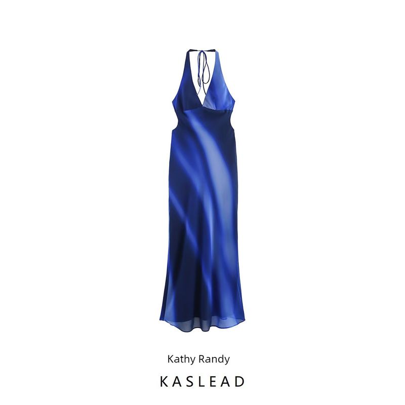 Kaslead New Women Clothes Western Style Fashion Print Hanging Collar Length Dress 8222122