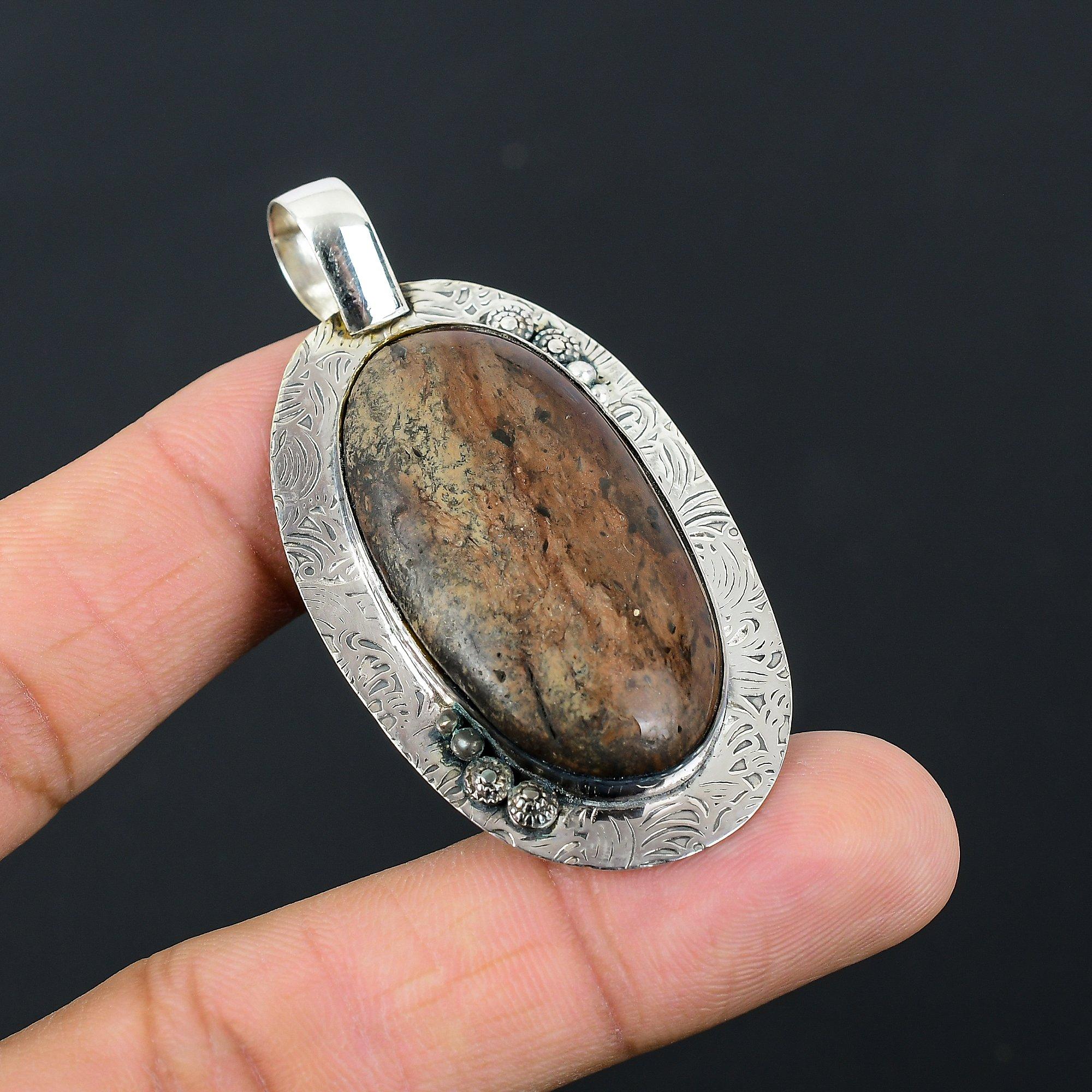 925 Sterling Silver Oval Picture Jasper Gemstone Birthday Anniversary Pendant