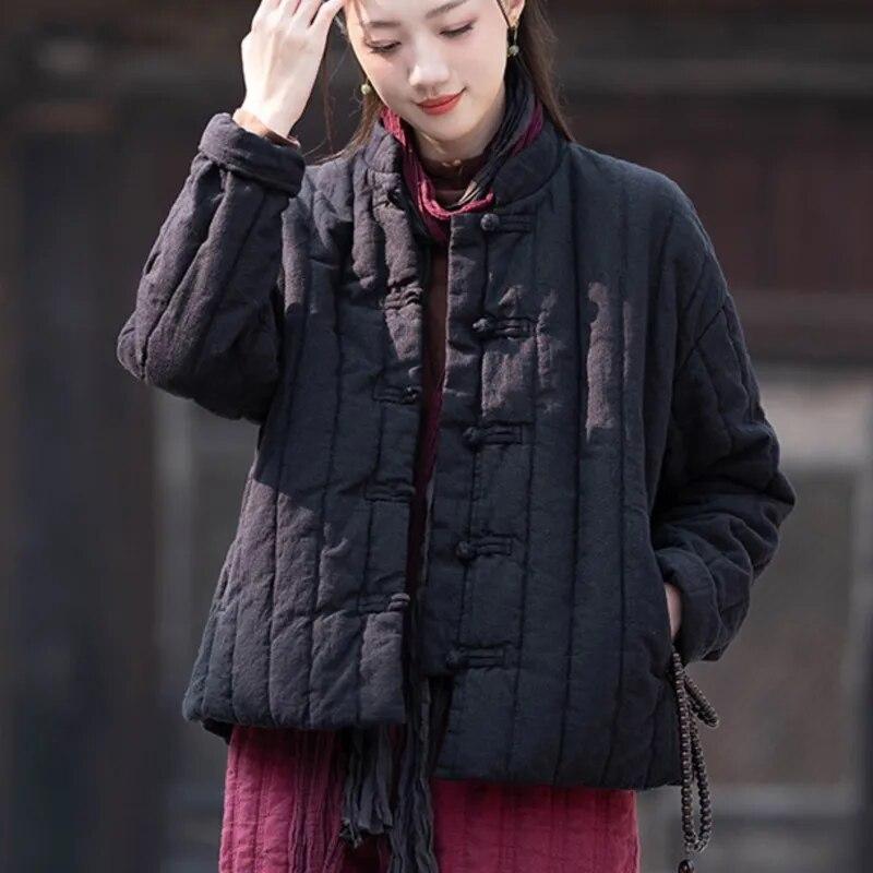 Johnature Women Chinese Style Parkas Solid Color Stand Long Sleeve Winter Coats Button Plus Cotton Warm Parkas