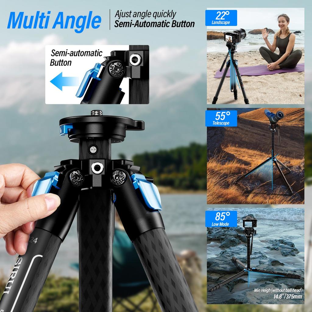 SIRUI AM124 Carbon Fiber Tripod with AM5V Video Compact Lightweight Travel Tripod for Triangular Center Load Capacity lbs Head, Cameras, DSLR, Column,
