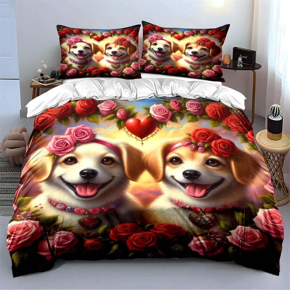Golden Dogs with Rose Garland Bedding Duvet Cover Set (1*Duvet Cover 2*Pillowcases, without duvet insert)