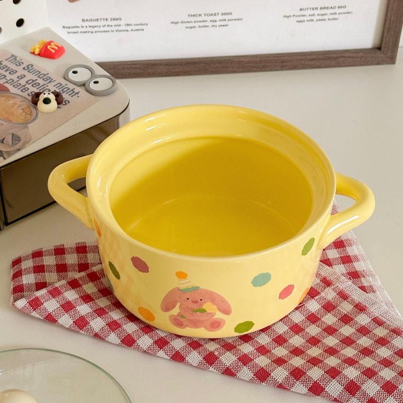 Cute Polka Dot Binaural Instant Noodle Bowl with Cover Student Dormitory Large Capacity Instant Noodle Bowl Personal Special Snail Powder Bowl
