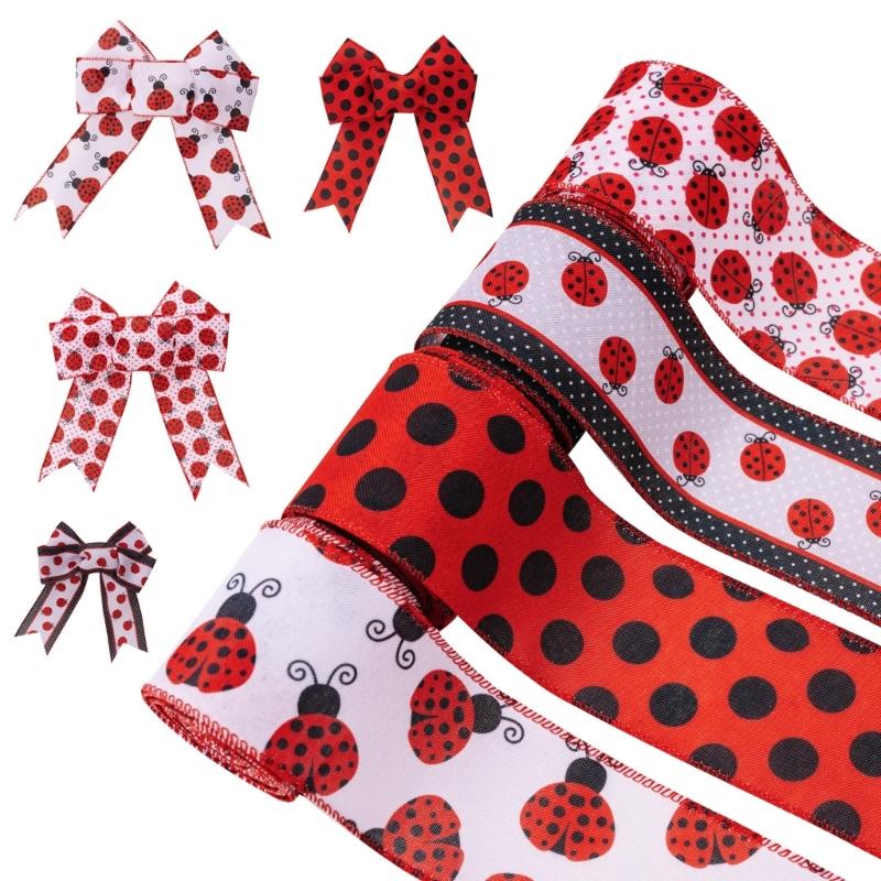 4 Roll Labybug Ribbon 5Yard/Roll Ladybird Ribbon Decorative Ribbon for Gift Wrapping, Party Decorations, Hair Bows