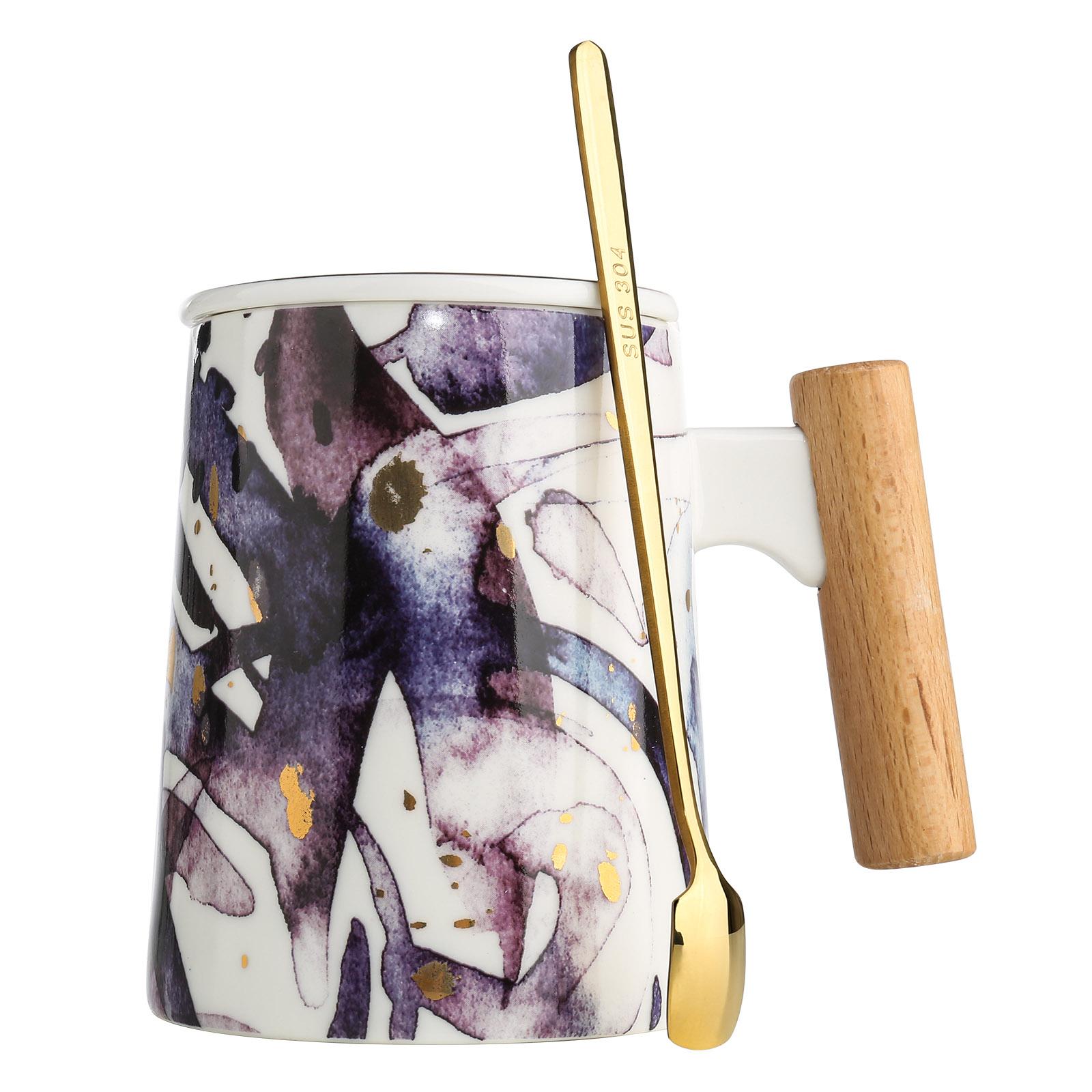 

Tooarts Кружка с крышкой Керамическая чашка для чая Кофейная чашка Большая кружка с деревянной ручкой Сталь 304 фиолетовый