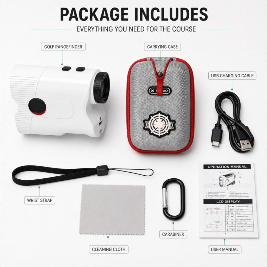 Golf Rangefinder with Slope, 1200 Yards Rechargeable Range Finder with Flag Lock Vibration, Magnetic Mount, 7° Field of View, USB-C Golf Distance