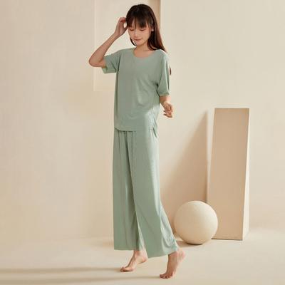 Women's Ice Silk Pajamas Set Short Sleeved Top Wide Leg Pants Sleepwear Set Summer Ultra Thin Two Piece Lounge Nightwear