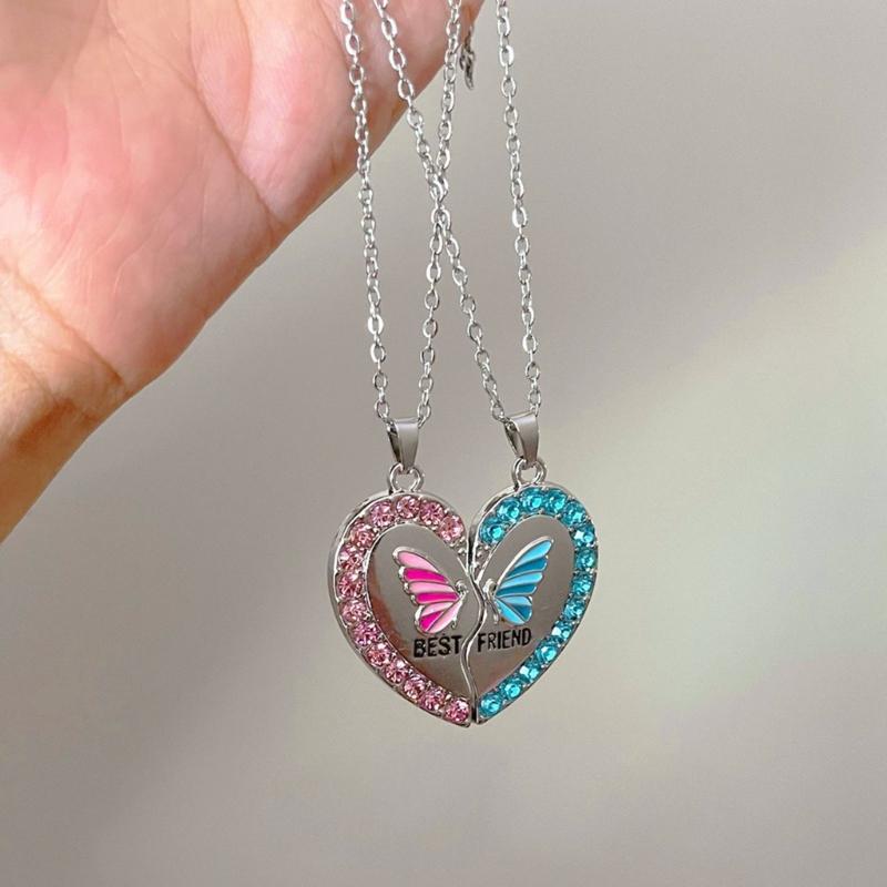 1 Pair Friendship Necklace Set Magnetic Butterfly Charm Neckchain Love Heart Pendant Clavicle Chain for Best Friends