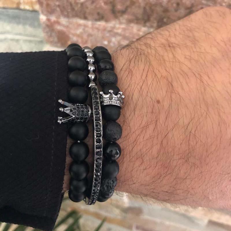 Matte Black Cubic Zirconia Ball & UFO Pendant Braided Bracelet Set
