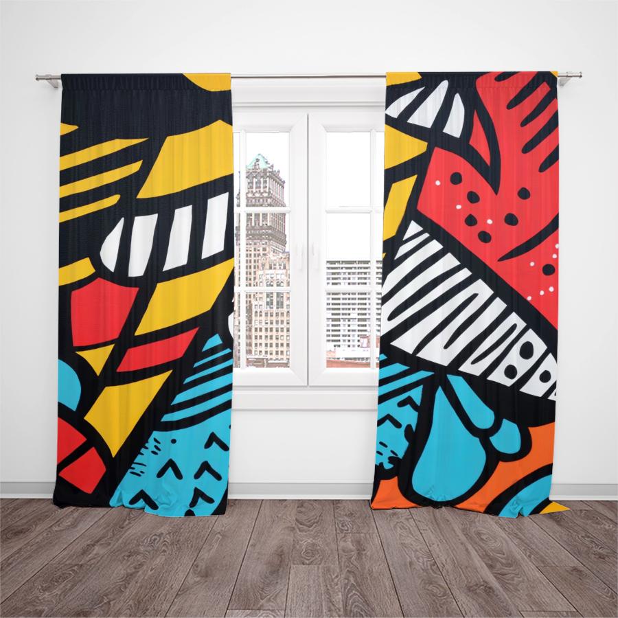 2 Pcs Geometric Graffiti Print Curtains,suitable for Bedroom,living Room Kitchen Decoration,home Decoration,window Decoration