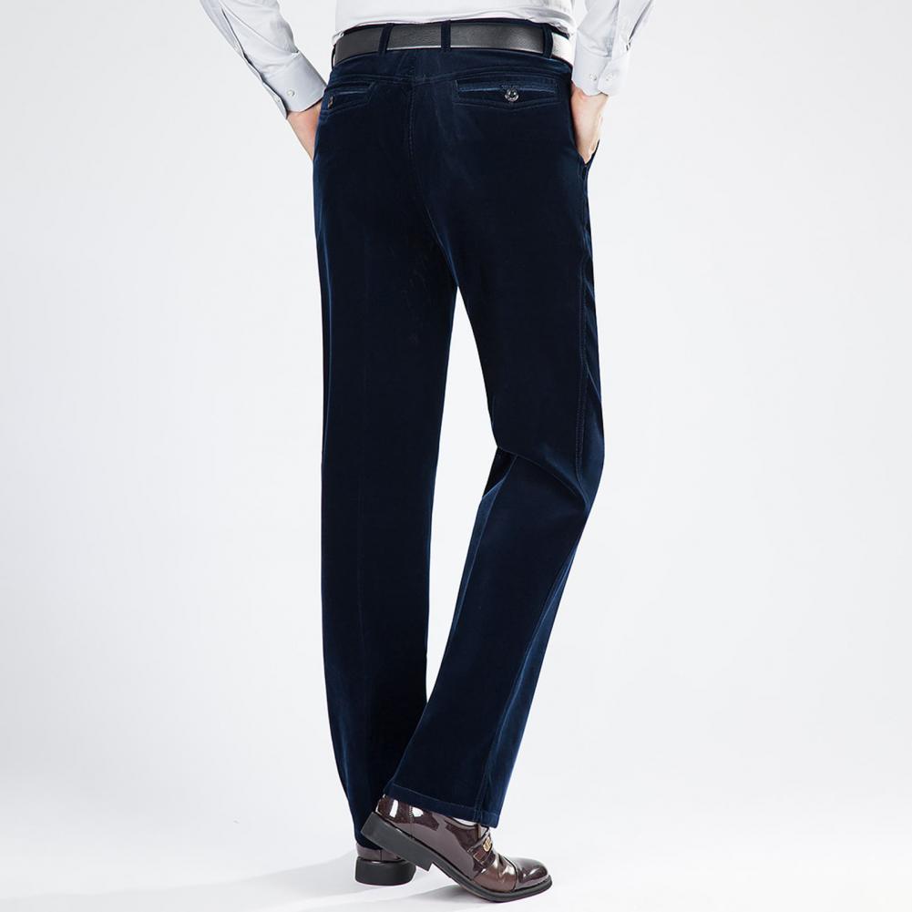 Mid-aged Men Pants Corduroy Solid Color Soft Plush Straight Wide Leg High Waist Button Zipper Closure Formal Business Style Long