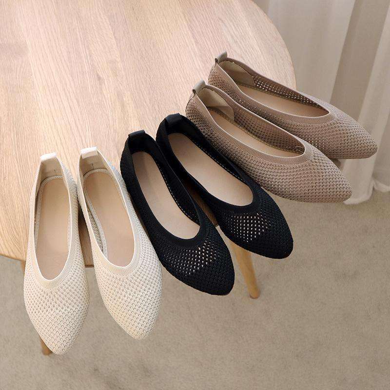 Flat-soled Single Shoes Women's 2025 Spring and Summer Pointed-tip Knitted Hollowed-out Breathable Doudou Shoes Soft-soled One-pedal Flying-woven Ma