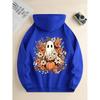 Ladies Spring Autumn Casual Hooded Long Sleeve Big Pocket Halloween Ghost Pumpkin Flower Printed Pullover Hoodies Sweatshirt Top