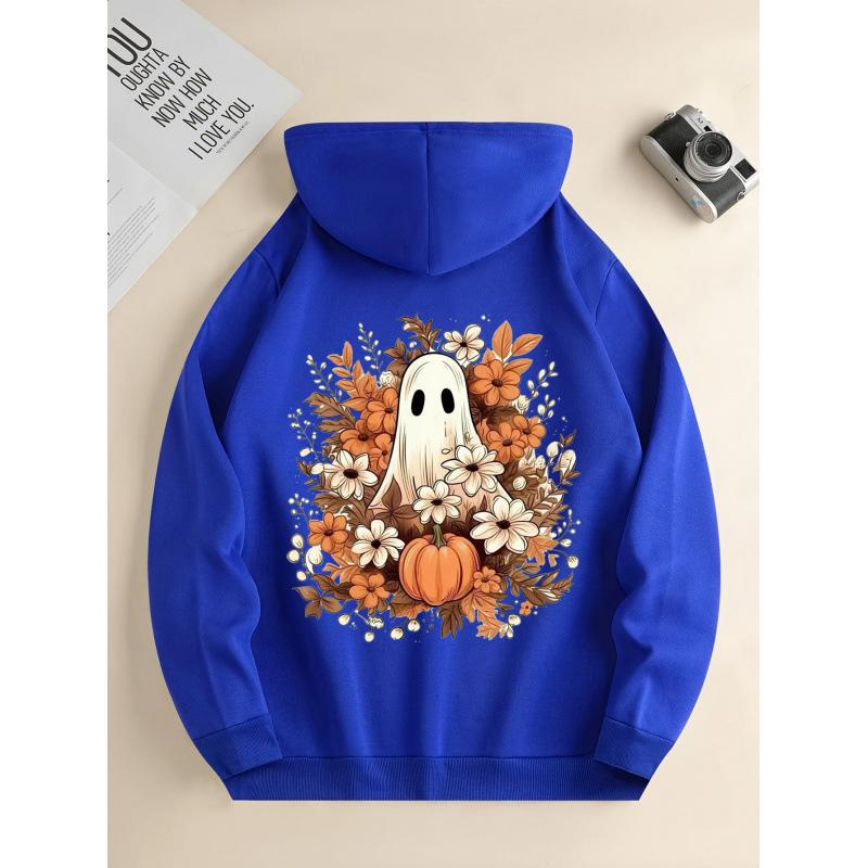 Ladies Spring Autumn Casual Hooded Long Sleeve Big Pocket Halloween Ghost Pumpkin Flower Printed Pullover Hoodies Sweatshirt Top