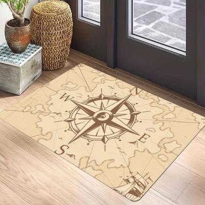 Nautical Vintage Theme Carpet Mat Rug Anchor Steering Wheel Compass Map Retro Hand-drawn Home Decoration Entryway Navy Blue